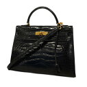 ★SALE 【4pe4777-g】エルメス ツーウェイバッグ/ケリー32/〇U刻印/アリゲーター/ブラック/ゴールド金具 【中古】 レディース