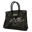 ★SALE【4sb1535-g】エルメス ハンドバッグ バーキン30 アリゲーターマット ブラック シルバー金具 □K刻印【中古】レディース
