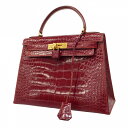 ★SALE【4td3108-g】エルメス ハンドバッグ ケリー28 アリゲーター レッド ゴールド金具 ○T刻印【中古】レディース(4)