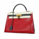★SALE【5fd4729】エルメス ハンドバッグ ケリー32 トリコロール ヴォーグレネ ボックスカーフ ホワイト レッド ネイビー ゴールド金具 ○S刻印【...