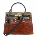★SALE【5gc0713-2-g-h】エルメス ハンドバッグ ケリー28トリコロール アリゲーター ブラック ブラウン グレー ゴールド金具 ○X刻印【中古】...