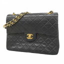 ★SALE【5db1940】シャネル ショルダーバッグ マトラッセ Wフラップ Wチェーン ラムスキン ブラック ゴールド金具【中古】レディース