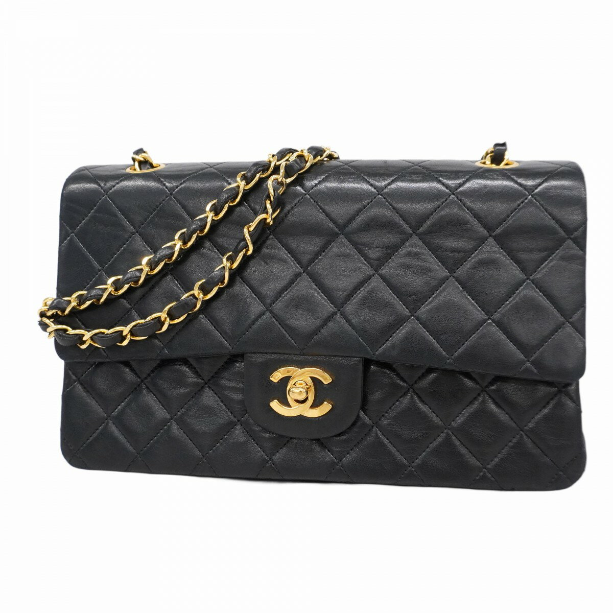 【5fe6236】シャネル ショルダーバッグ マトラッセ Wフラップ Wチェーン ラムスキン ブラック ゴールド金具【中古】レディースのサムネイル