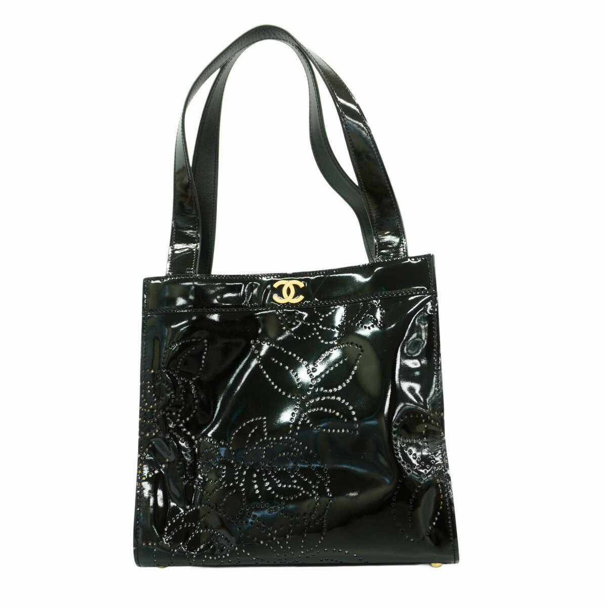 【5oc2091-h】シャネル トートバッグ カメリア パテントレザー ブラック シャンパンゴールド金具【中古】レディース