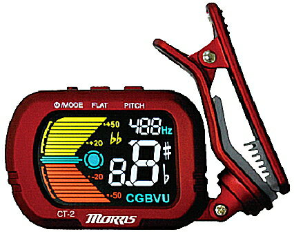 MORRIS Clip Style Auto Tuner CT-2 CT-2は、クロマチック以外にも4種類の楽器（ギター、ベース、ヴァイオリン、ウクレレ）のチューニングに対応しています。 信号の入力には、楽器の振動をダイレクトにピックアップするクリップ式のマイクを備え、素早く正確なチューニングを可能としています。また、ギターとベースでは、ローチューニングの為に基音を2段階でフラット設定するモードがあります。 使い方 楽器の鳴動を感知して正確な音程をお手軽に測定します。取り付け場所は、ギターの場合は通常ヘッドストックにクリップで直接挟みます。CT-2はクリップ部分のコンタクトピックアップで振動を感知します。最適な取り付け場所は、楽器によって幾分異なるので色々試してみてください。回転式クリップでLCD表示が見やすいように角度を調整して下さい。CT-2は、常に楽器に取り付けておくことも出来ますが、楽器の音色に影響する場合は取り外してください。 チューニングモード及び音階 C）クロマチック＝C,C#,D,Eb,E,F#,G,G#,A,Bb,B 　　　　　ほとんどの楽器に対応しているクロマチック音階です。 G）ギター＝1E,2B,3G,4D,4A,6E 　　　　　ギター用のセッティングで1弦から6弦まで対応しています。 B）ベース＝HC,1G,2D,3A,4E,LB 　　　　　ベース用のセッテイングでHigh-C弦からLow-B弦まで対応しています。 V）ヴァイオリン＝1E,2A,3D,4G 　　　　　ヴァイオリン用のセッティングで1弦から4弦まで対応しています。 U_C)ウクレレC調＝1A,2E,3C,4G 　　　　　ウクレレC調用のセッティングで1弦から4弦まで対応しています。 U_D)ウクレレD調＝1B,2F#,3D,4A 　　　　　ウクレレD調用のセッティングで1弦から4弦まで対応しています。 ※基準音は430Hz～450Hz間1Hz単位で調整可能です。 ※ギターとベースでは、ローチューニングのために基音を2段階（半音、一音）でフラット設定するモードがあります。 仕様 信号入力：Clip（ピエゾ） チューニングレンジ：A0-C8（27.5Hz～4186Hz） 誤差：+/-cent 反応速度：20ms 電源供給：3V（CR2032ボタン電池）1個 全体寸法：65L x 63H x 12Wmm 重量：30g 同梱品 1）CT-1本体 2）取扱説明書（本紙） 3）テスト用ボタン電池CR2032【お知らせ】 「定形外郵便」で配送いたします。（到着まで2から7日程かかります） ●お支払い方法として代金引換をご利用頂けません。 ●お届け日時の指定は承れません。 ●郵便物の場合、追跡番号はございません。 ●土日、祝日は日本郵便が休業の為、配達はございません。 ●ポストに入らなかった場合は、不在票が入りますのでご確認ください。 ●お受け取りをされないまま保管期間を過ぎた場合、商品は弊社に戻ります。 　弊社では送料分を含んだ金額で販売している商品もございます。 　戻った商品につきましては、発送時の送料を差し引いた金額で返金処理を行わせていただきます。 　予めご了承くださいませ。 　ご入用の場合は、再度ご注文をお願いいたします。