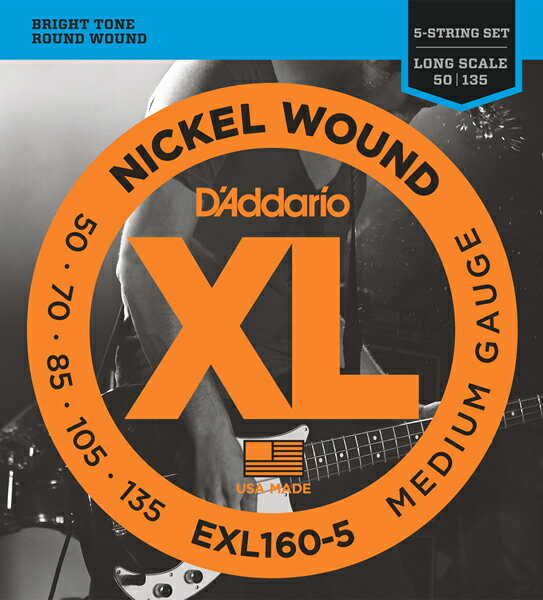 D'Addario EXL-160-5 XL Nickel Round Wound 5-String 世界中のベーシストから圧倒的な支持を得ているダダリオXLベース弦。 明るいサウンドと優れたイントネーションで知られています。 マグネチック・ピックアップとの相性も抜群です。 ロングスケール。 .GAUGE : .050 / .070 / .085 / .105 / .135【お知らせ】 「ゆうパケット」で配送いたします。（到着まで2から7日程かかります） ●お支払い方法として代金引換をご利用頂けません。 ●お届け日時の指定は承れません。 ●配送状況を追跡可能です。 ●ポストに入らなかった場合は、不在票が入りますのでご確認ください。