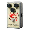 エレクトロ ハーモニック エレハモ Soul Food Distortion/Fuzz/Overdrive Electro-Harmonix創始者のマイク・マシューズは、価格が高騰し過ぎて入手困難となっているオーバードライブの名機Klonケンタウルスについて、トーン・マニア達から言われ続けていました。 彼は、「手頃な値段で誰にでも入手可能なペダル」を製作する使命を制作チームに課し、こうして出来上がったのがSoul Foodです。 Klonケンタウルスをモチーフに製作された本機は、レスポンスの素早い素直なオーバードライブサウンドで、ブースト回路はヘッドルームが広くサウンドを鮮明にします。 【スペック】 ■True Bypass/Buffered Bypass(切替可能) ■寸法：72mm(W) x 110mm(D) x 50mm(H) 200g ■電源：9Vバッテリー or 9V DCセンターマイナスアダプター JP9.6DC-200（付属）　