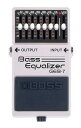 BOSS Bass Equalizer GEB-7 ベースの音づくりにもっとも効く周波数帯域を選択。しかも各バンドのQ（帯域幅）も低域はゆるやかに、音のキャラクターの決め手となる中域は急峻に設定。繊細かつ大胆な音づくりが思いのまま。 【スペック】 主な仕様 電源 006P（1個）、ACアダプター（PSA-100） 消費電流 16mA（DC9V） 端子 入力、出力、ACアダプター イコライザー 50Hz、120Hz、400Hz、500Hz、800Hz、4.5kHz レベル・コントロール ±15dB 残留ノイズ -100dBm以下(IHF-A) 外形寸法 / 質量 幅(W) 73 mm 奥行き(D) 129 mm 高さ(H) 59 mm 質量 440 g 別売のACアダプター：PSA-100はこちらです。　