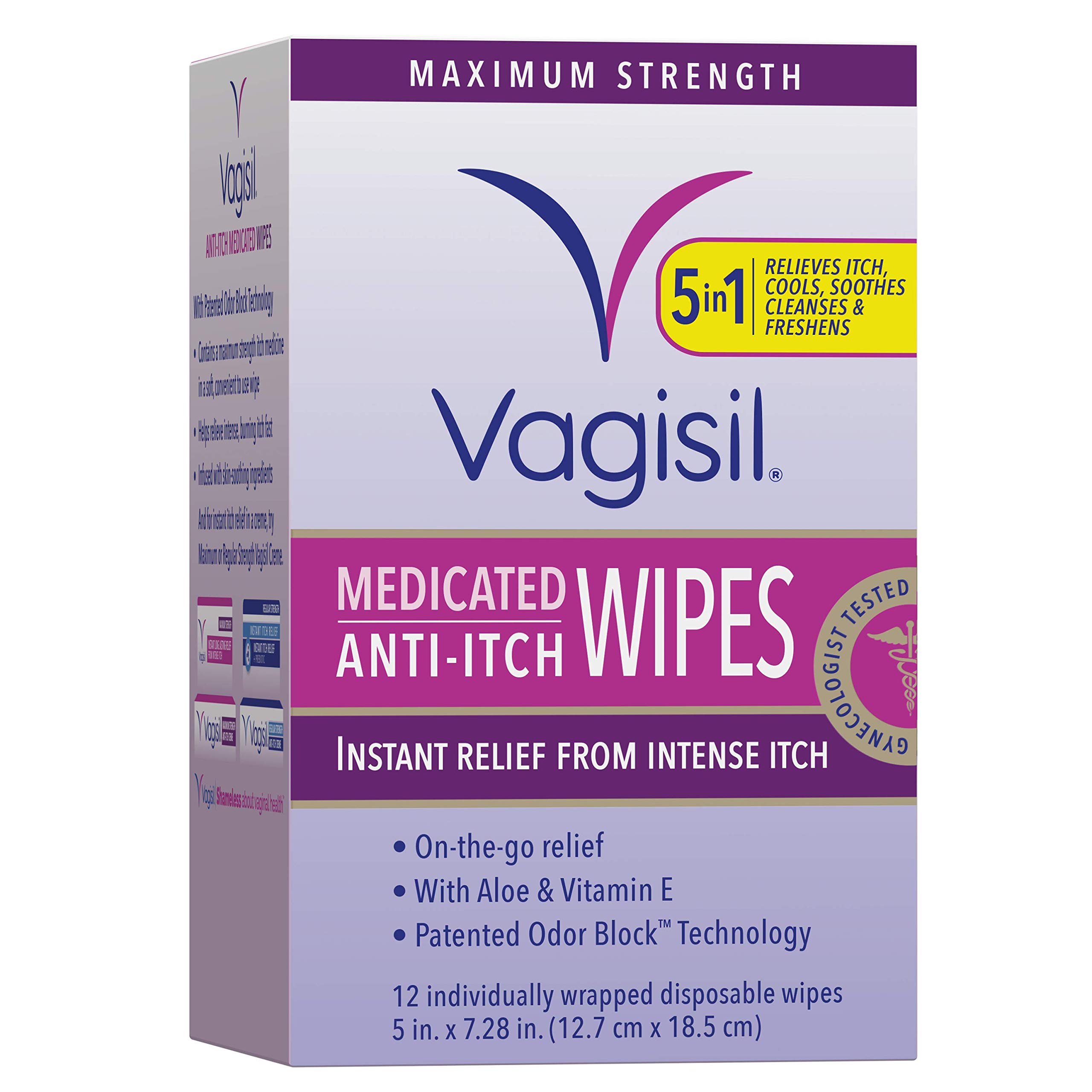 Vagisil Anti-Itch Medicated Feminine Intimate Wipes for Women, Maximum Strength, Gynecologist Tested, 12 Wipes
