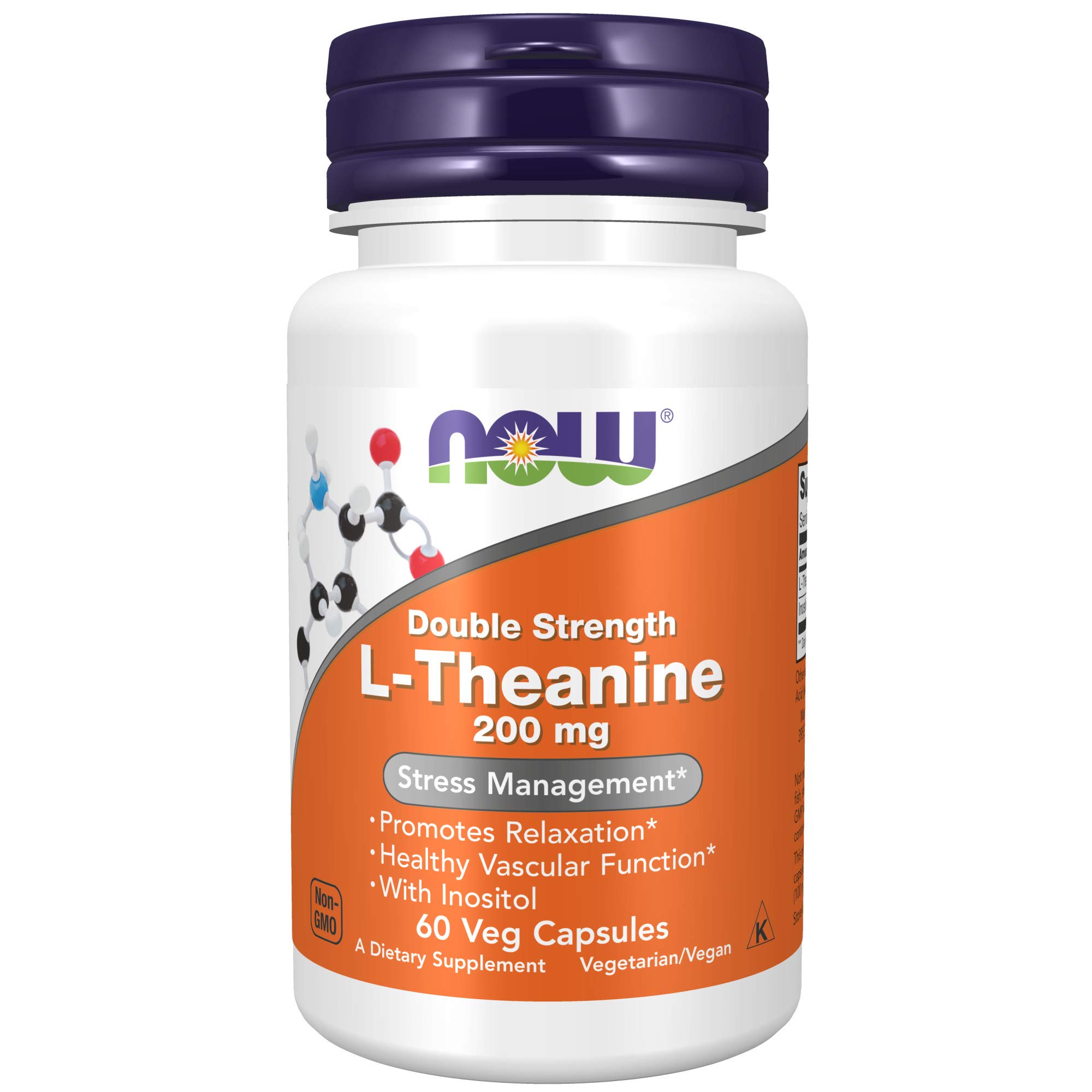 NOW Supplements, L-Theanine 200 mg with Inositol, Stress Management*, 60 Veg Capsules 1