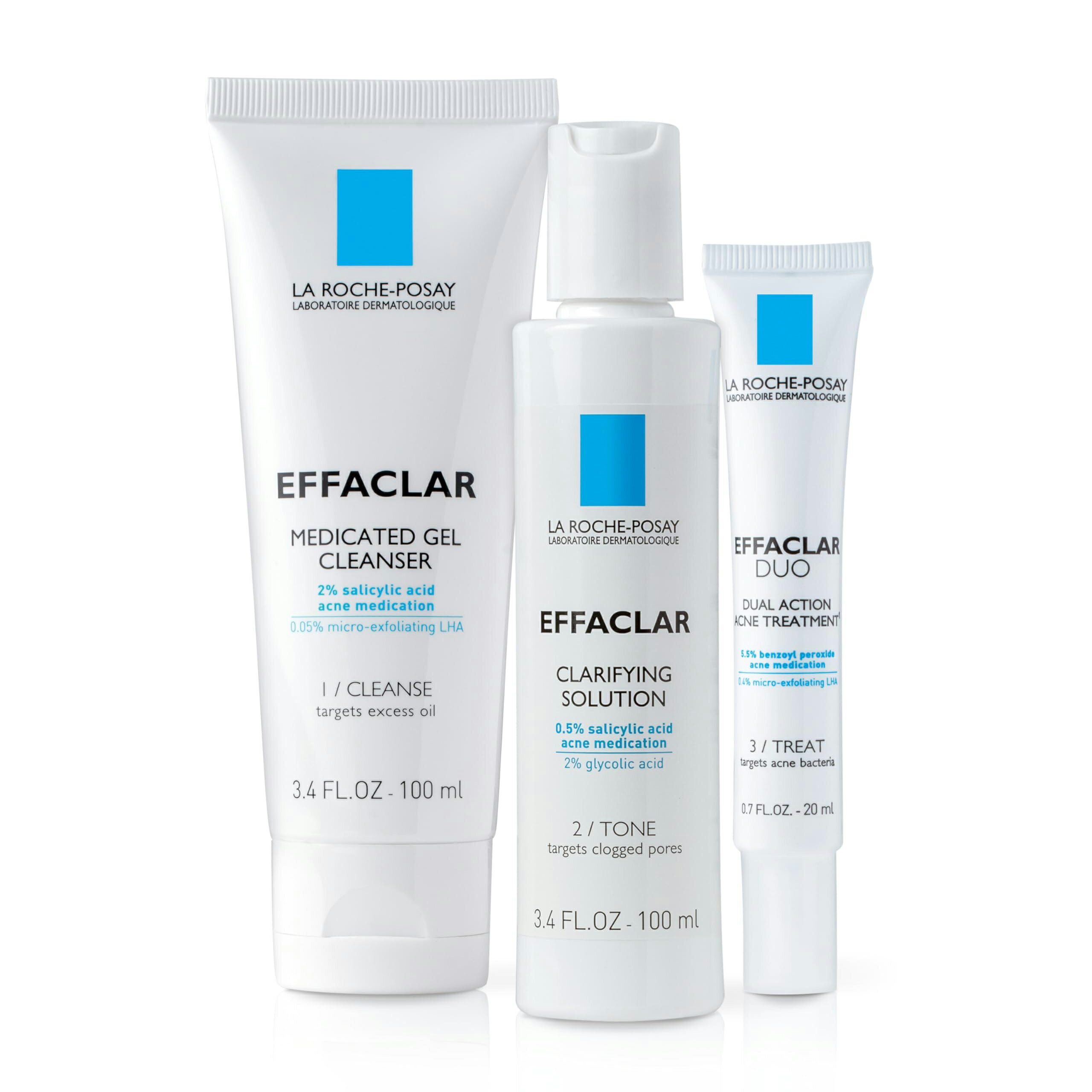 La Roche-Posay Effaclar Dermatological 3 Step Acne Treatment System, Salicylic Acid Acne Cleanser, Pore Refining Toner, and Benzoyl Peroxide Spot Treatment