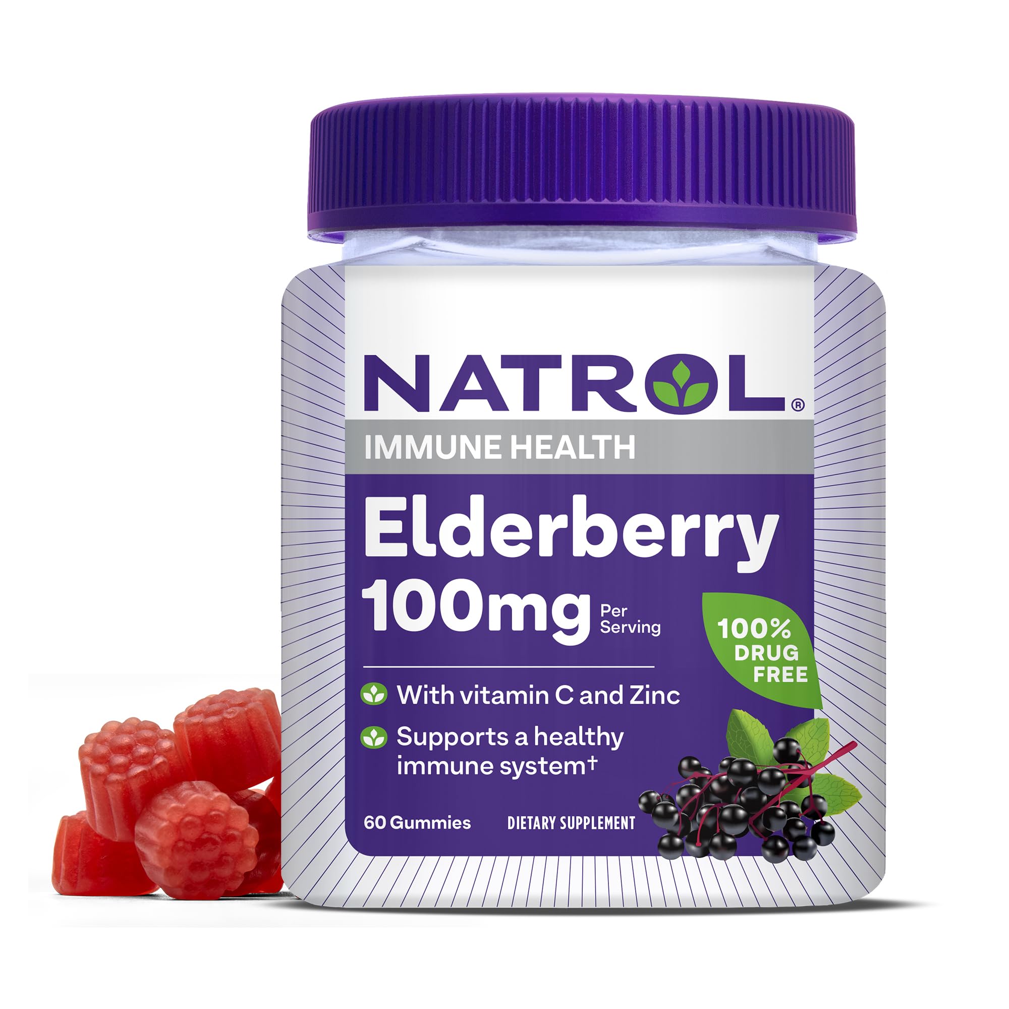 Natrol Elderberry Gummies, with Vitamin C and Zinc, Dietary Supplement for Immune Support , 60 Delicious Gummies