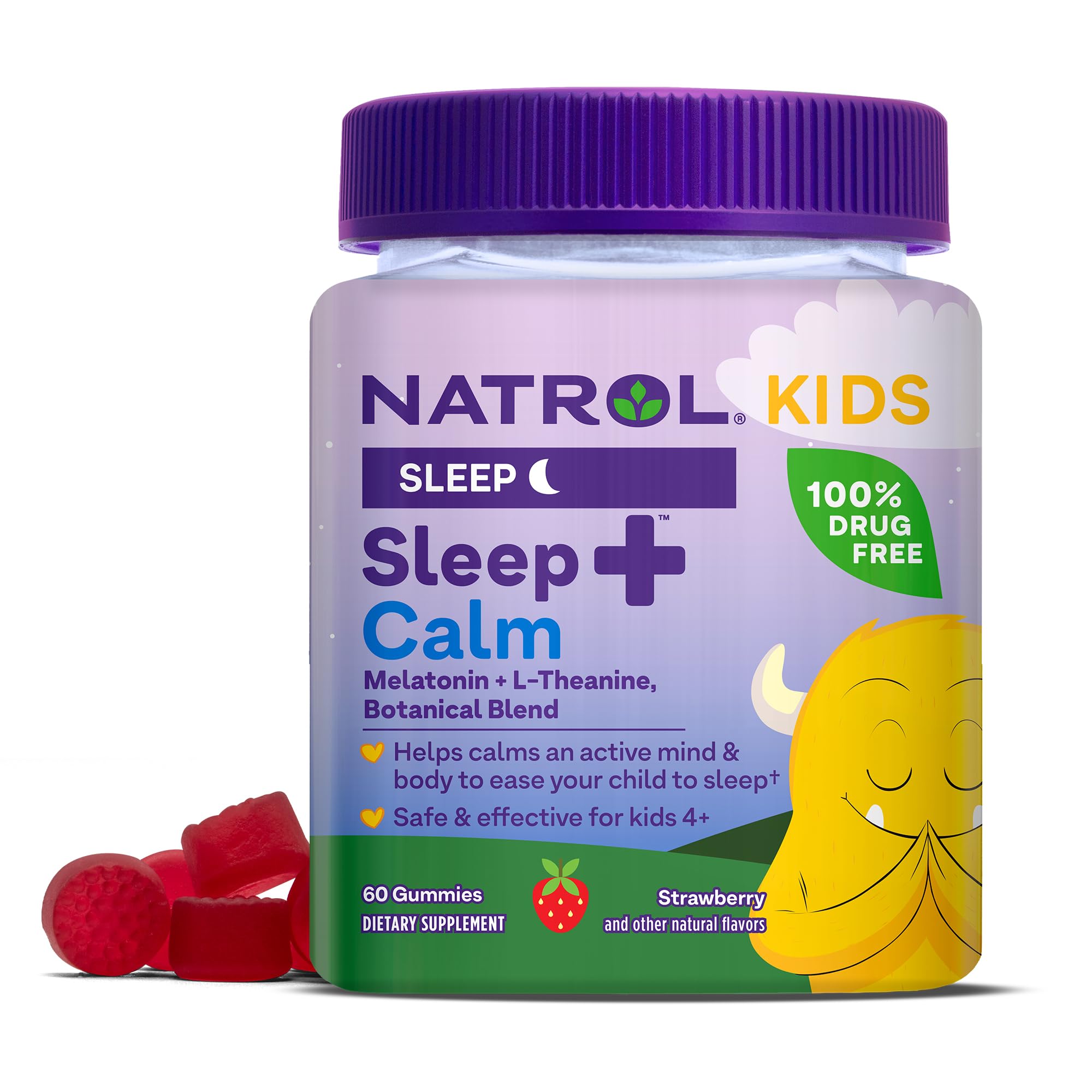 Natrol Kids Sleep Calm, Melatonin L-Theanine, 60 Strawberry Flavored Gummies Supplement for Kids, Calm an Active Mind, Ease to Sleep, Gelatin Gluten Free,