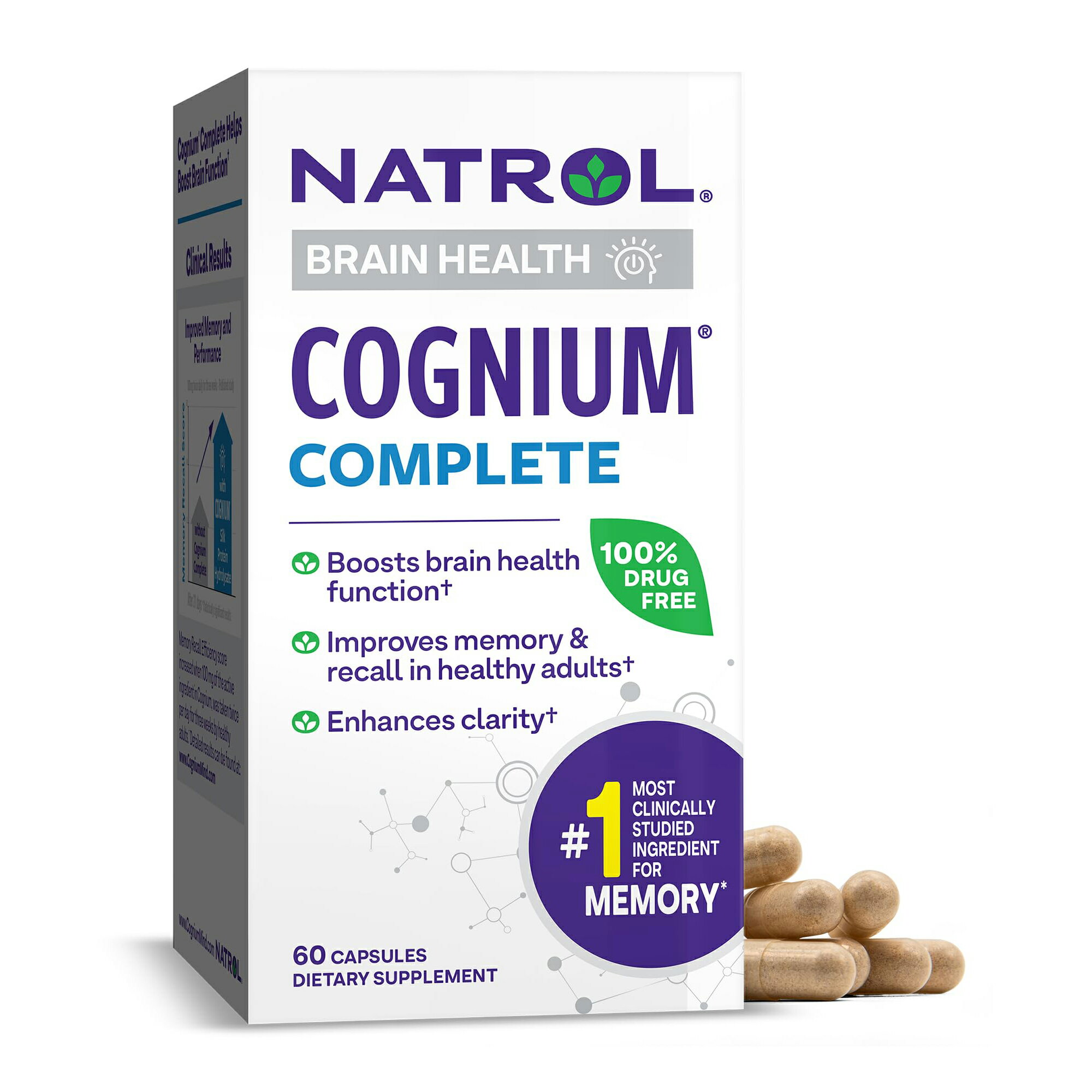 Natrol Cognium Complete, Brain Health, Improves Memory & Clarity, Drug Free, 100mg, 60 Capsules
