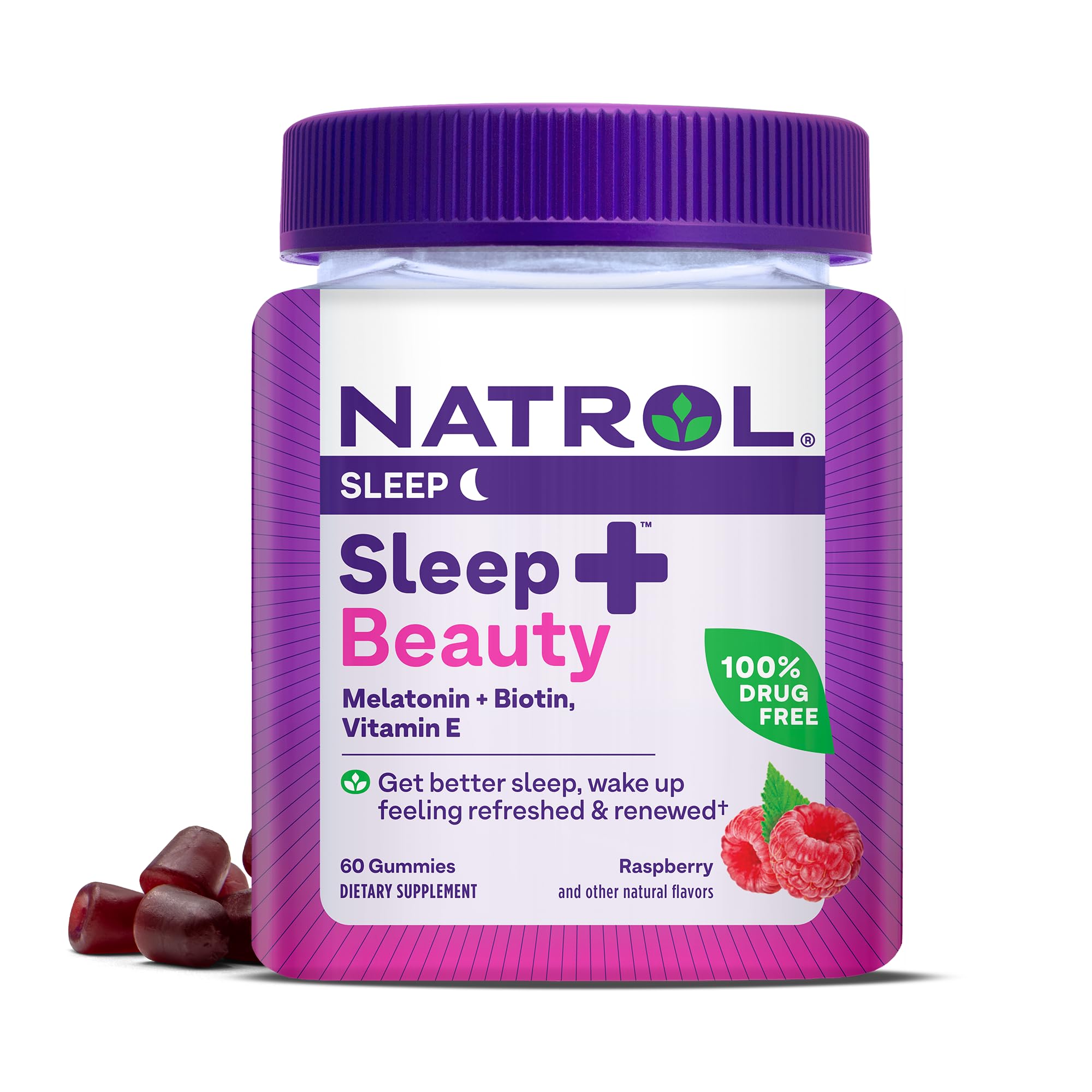 Natrol Sleep Beauty, Drug Free Sleep Aid Supplement, for Skin, Hair, Nails, Biotin, Vitamin E, 60 Raspberry Flavored Gummies