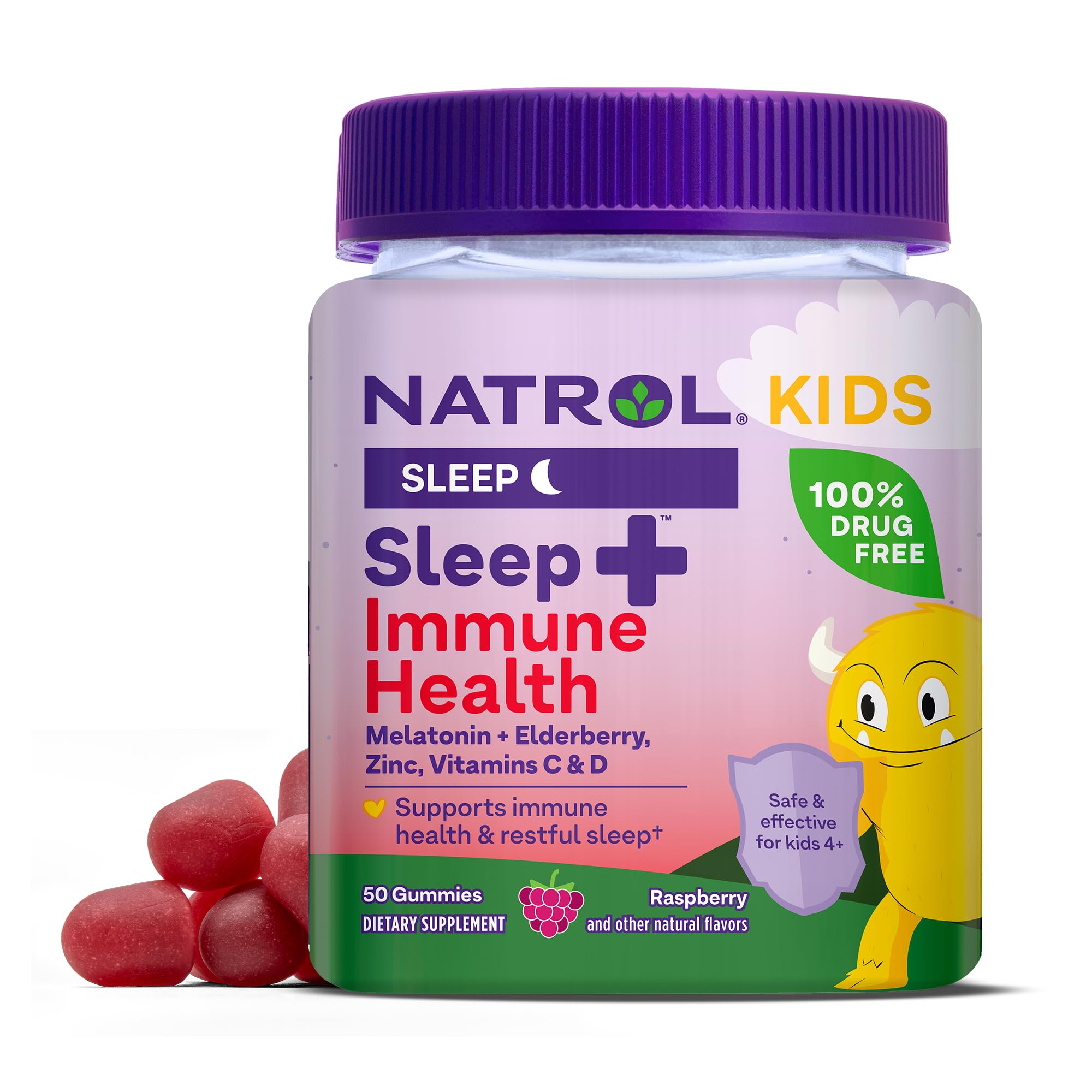 Natrol Kids Sleep+ Immune Health Aid Gummies with Melatonin, Zinc, Vitamin C and D, Elderberry, 50 Count