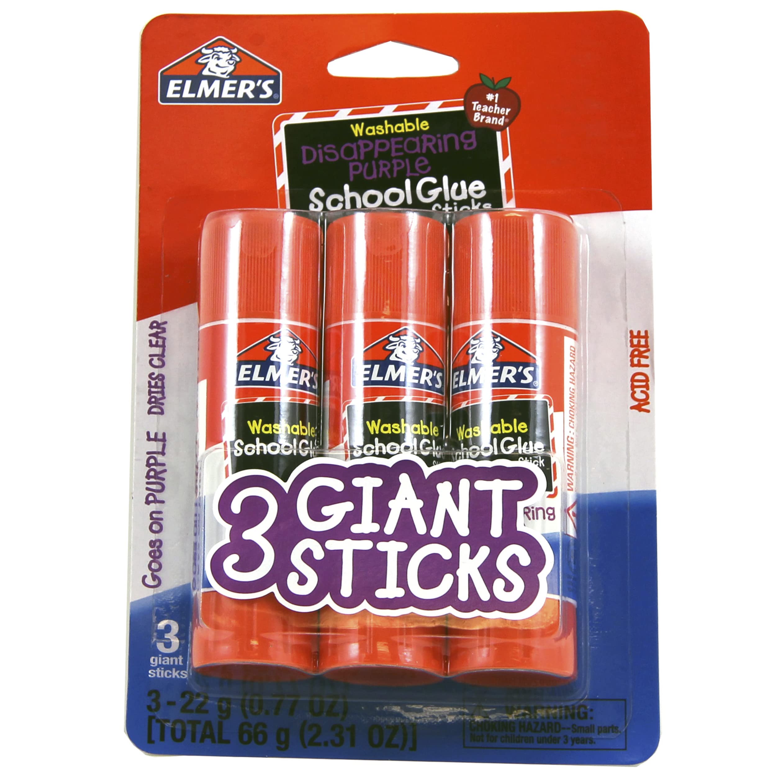 Elmer's Disappearing Purple Washable School Glue Sticks, 0.77 oz, 3 Count