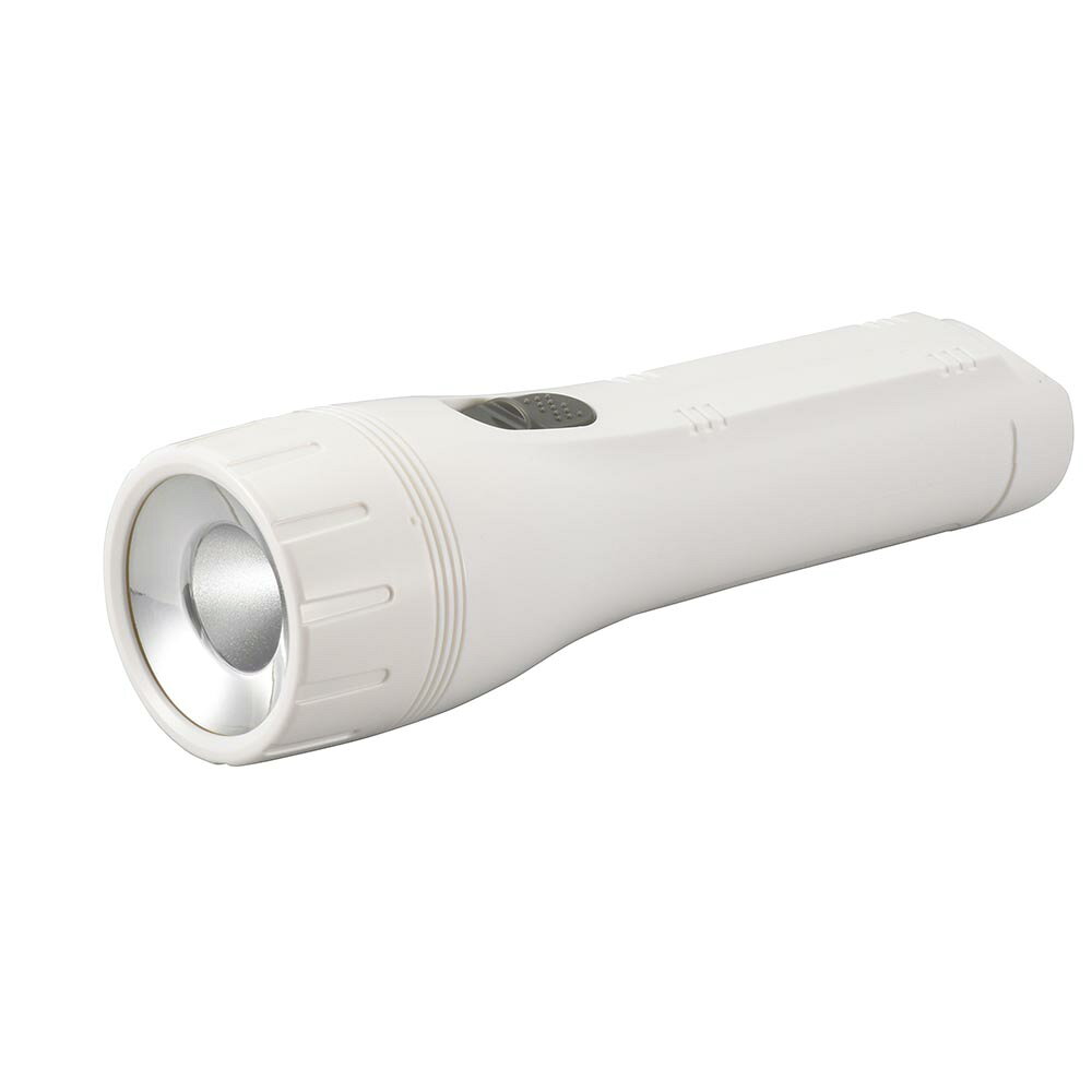特長 ■ 約58ルーメンの明るさで、暗い場所をしっかり照らします。 ■ LEDを使用しているので長寿命・省電力です。 ■ 高輝度白色LEDを採用しており、美しい輝きです。 ■ 本体は耐候性に優れたABS樹脂を採用しています。 ■ 家庭の常備用、レジャーやイベント、車載用にも適しています。 用途 家庭の常備用、レジャー、イベント、車載用など。 品番 07-8011 型番 LHP-05C5 仕様 ■ 使用電源：単2形乾電池2本（テスト用電池付属） ■ 使用光源：白色LED使用　※LEDは交換できません ■ 光束（ルーメン）：約58ルーメン ■ 照度（ルクス）：約870ルクス（100cm） ■ 連続使用時間：※新品未使用乾電池使用時 ・ アルカリ乾電池使用時…約60時間 ・ マンガン乾電池使用時…約20時間 ■ 外形寸法：（約）最大径50×長さ174（mm） ■ 質量：約76g（乾電池別） 色 ホワイト 入数 1個 注意事項 ※製品のラベルには使用方法・効果・安全上の注意などが記載されております。よくお読みいただいて、適切な方法でご使用ください。 ※パッケージは予告無しに変更になる場合がございます。