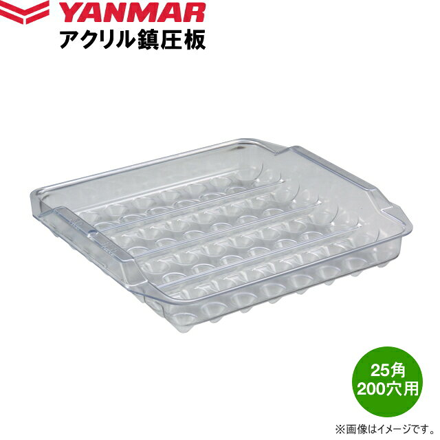 商品説明 適応トレイのセル穴中央に、同一の深さの播種穴をあけることができます。 商品名 製品名：　アクリル鎮圧板 適応トレイ：　ヤンマートレイ　25角　200穴用 関連品 →　ヤンマー　アクリル鎮圧板　35角　72穴用 →　ヤンマー　アクリル鎮圧板　30角　128穴用 →　ヤンマー　アクリル鎮圧板　20角　288穴用 注意 ※製品のラベルには使用方法、安全上の注意などが記載されております。よくお読みいただいて、適切な方法でご使用ください。 ※パッケージは予告無しに変更になる場合がございます。