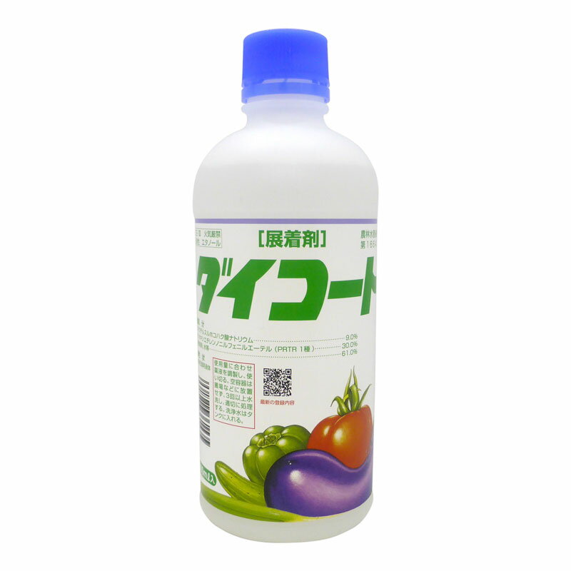 薬剤の効果を引出し、作物の汚れを軽減!! 特長 ●作網の微細なすき間によく浸透し、薬剤の効果を引き出します。 ●様々の殺菌剤に加用でき、安心してご使用できます。 ●薬剤を均一に付着させるため、作物の汚れが少なくなります。 ●付着性に優れ、薬剤が付きにくい作物にもよく付着します。 　商品名・種類名 　ダイコート 　分類 　展着剤 　有効成分 　ジオクチルスルホコハク酸ナトリウム・・・9.0％ 　ポリオキシエチレンノニルフェニルエーテル・・・30.0% 　毒性 　普通物 　内容量 　500ml ※製品のラベルをよくお読みいただいて、適切な方法でご使用ください。 ■適用作物名■ 薬液のつきにくい農作物等 ■適用農薬名■ イミノクタジン酢酸塩剤,　有機銅剤,　イプロジオン剤等の粉菌剤 製品のラベルには適用病害虫の範囲及び使用方法、効果・薬害・安全上の注意などが記載されております。 ご使用前によくお読みいただいて、適切な方法でご使用ください。 パッケージは予告無しに変更になる場合がございます。&nbsp;