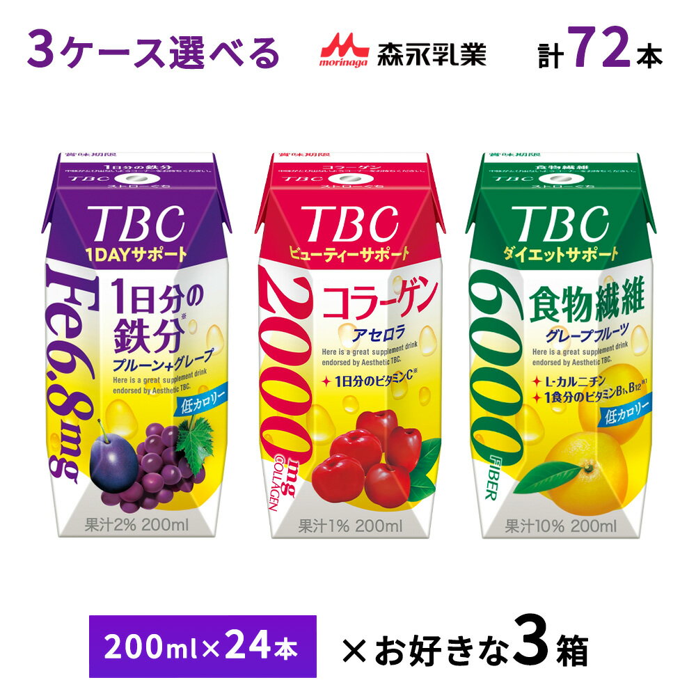 3ケース選べる 森永乳業 TBCダイエットサポート 食物繊維 うるおいプラス コラーゲン 鉄分プラス 1日分の鉄分 200ml×72本 送料無料 常温保存 紙パック 鉄分補給