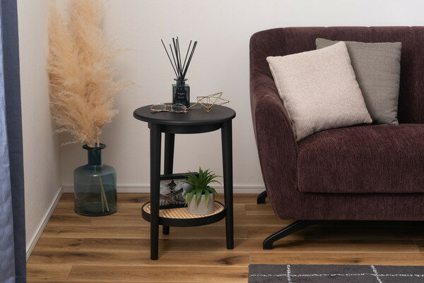 【サイドテーブル】 テーブル ラタン 二段 2段 丸 円 北欧 韓国インテリア シンプル ナチュラル 寝室 ソファーサイド ブラック ホワイト