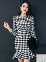 千鳥格 タイトワンピース ミニワンピース キャバドレス セクシーワンピース パーティーワンピース パーティードレス ボディコン vネック ミニ丈 長袖 袖あり...