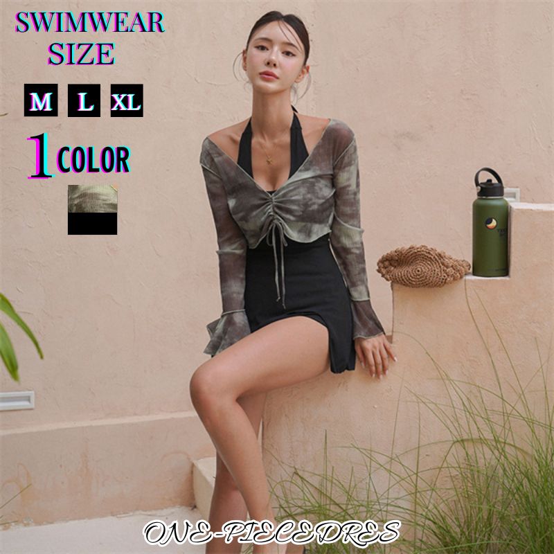 樂天商城 - 水着 ワンピース 体型カバー トップス 2点セット レディース 胸パッド付き オールインワン ショート丈 ノンワイヤー キャミソール ホルダーネック　バスト 盛れる 二の腕 ウエスト ヒップ 太もも カバーアップ パッド一体型 日焼け対策 黒
