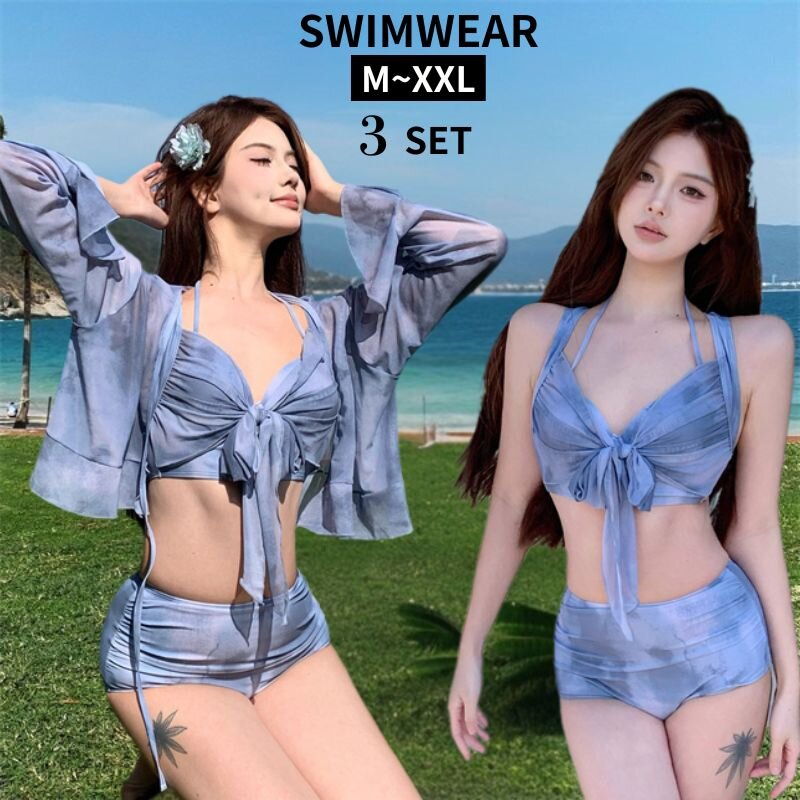 Rakuten - 水着 レディース ビキニ 3点セット 体型カバー水着 長袖 トップス付き セパレート 可愛い 10代 20代 30代 大人 柄あり　ブルー　シンプル シースルー ブラ リボン ギャザー フリル ショートパンツ 二の腕 お尻 太もも カバーアップ 羽織り 爽やか