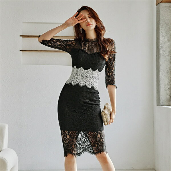 タイトワンピース　パーティードレス 総レース　フォーマルドレス　ロング丈ワンピース　セクシードレス　Vネック　姫系　お嬢様　春夏　長袖　着痩せ ミモレ丈　膝丈　エロかわ　オシャレ シンプル エレガント 大人 上品 フォーマル　披露宴　結婚式　韓国ファッション
