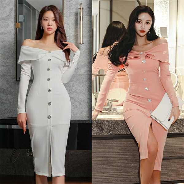 一字肩ドレス　タイトワンピース 姫系　パーティードレス　セクシードレス　レディースワンピース ゲストドレス 　春 長袖　チュール袖　着痩せ ミモレ丈　ロング丈　 膝丈　オシャレ シンプル エレガント 大人 上品 フォーマル　入園式披露宴　結婚式　韓国ファッション