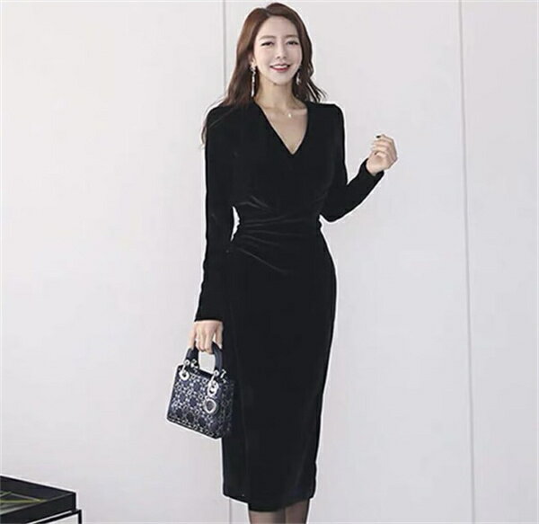 Rakuten - タイトワンピース 　ベルベットドレス　パーティードレス　フォーマルドレス　ミディアム丈　ラメ入り　 きれいめ セクシーワンピース 　Vネック　レンダー 細見え かわいい 可愛い キャバ スナック ラウンジ　上品 細身 20代30代 40代 　韓国ファッション レディース 秋冬