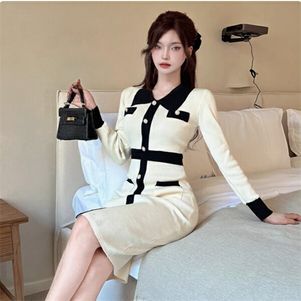 秋冬　新作　ニットワンピース 　タイトワンピース　膝丈ワンピース　ボタン付き　長袖　オシャレ エレガント 大人セクシー 二次会 　 お呼ばれ カジュアル　お出かけ　デート　ブラック　アイボリー　ワインレッド　カーキ20代30代40代50代　韓国ファッション 3