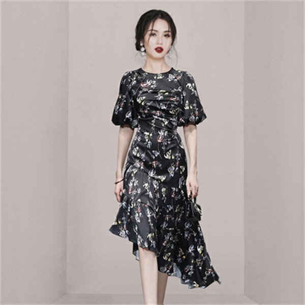 花柄ワンピース　不規則ドレス　パーティードレス　フォーマル　セクシー　姫系　お嬢様　春夏　着痩せ ミモレ丈　膝丈　ロング丈　オシャレ シンプル エレガント インポート　大人 上品 フォーマル　披露宴　結婚式　二次会　綺麗目系　20代30代40代　韓国ファッション