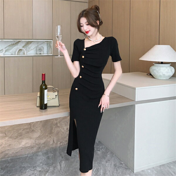 Rakuten - ニットワンピース　ロングワンピース　タイトワンピース　パーティードレス　セクシー姫系　お嬢様　春夏　着痩せ ミモレ丈　ロング丈　前スリット　オシャレ シンプル エレガント 大人 上品 フォーマル　披露宴　結婚式　20代30代40代　韓国ファッション