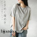 トップス ときめく煌めき ビジュー付きTシャツ 半袖 5分袖 ドルマン 軽い 涼しい 薄手 ゆったり 上品 オシャレ 春 夏 秋 春夏 ライトグレー 6/1