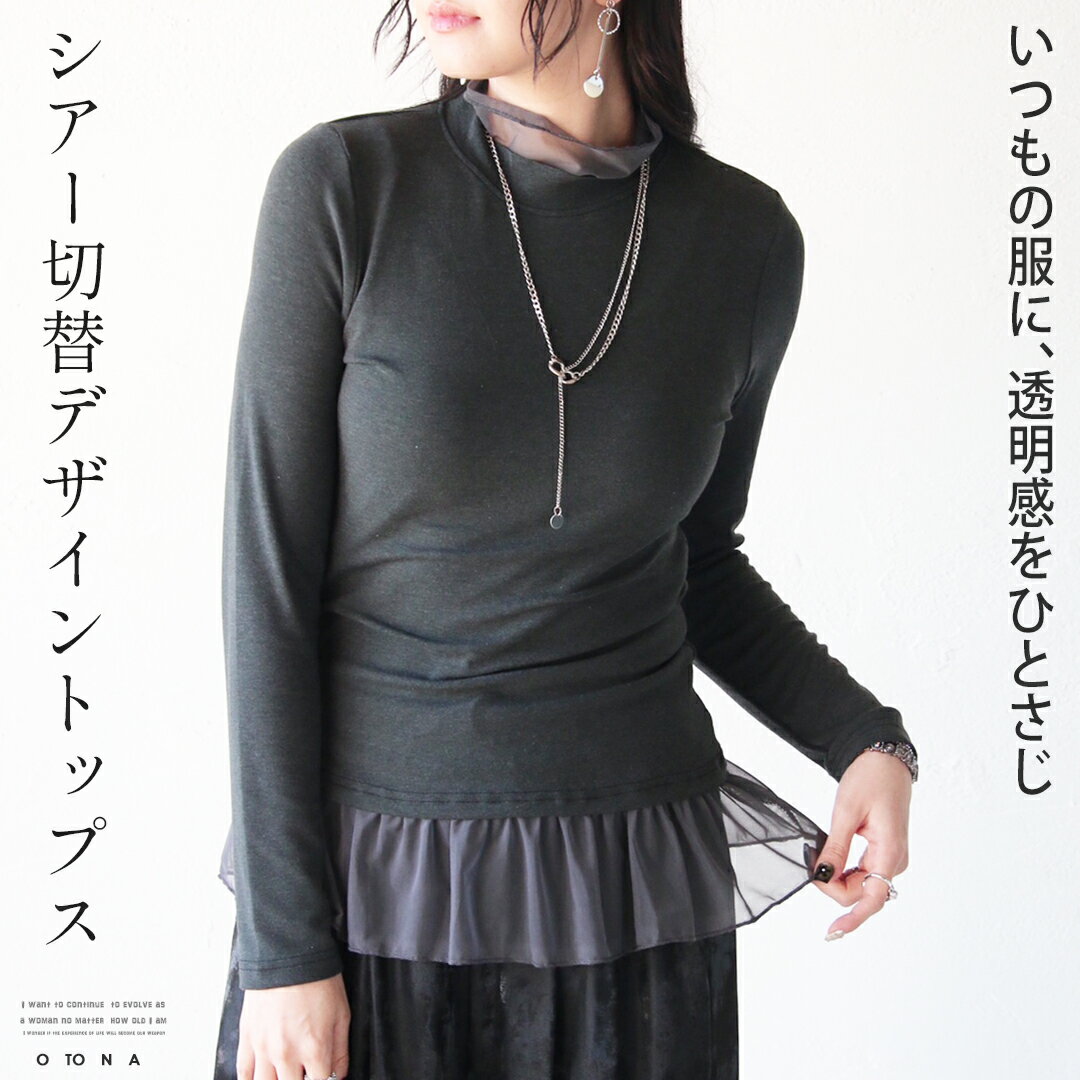トップス カットソー いつもの服に、透明感をひとさじ。シアー切替デザイントップスレイヤード 無地 シンプル 着回し力 インナー ハイネックタートルネック 長袖 グレー チャコールグレー 春 秋 冬 秋冬 1/17