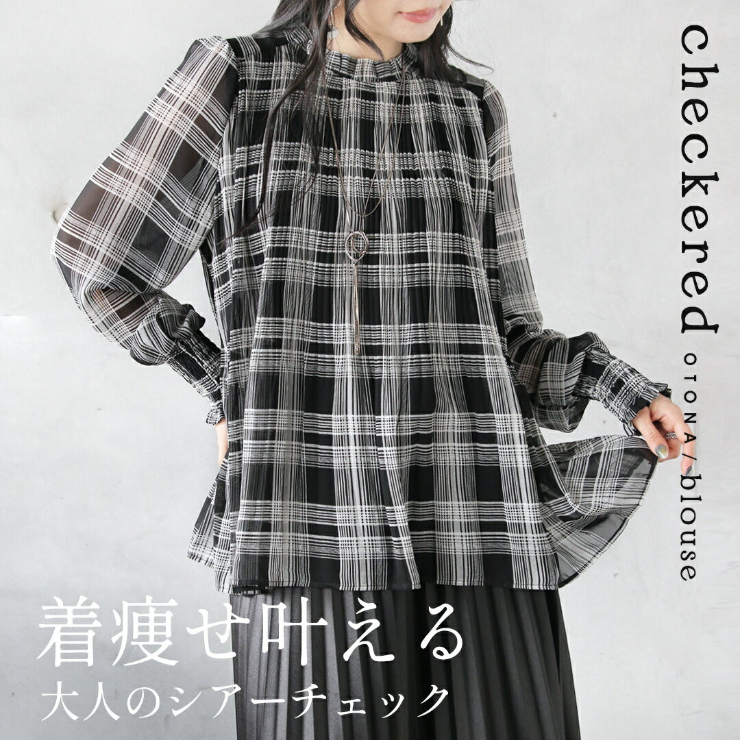 Rakuten - ブラウス 着痩せ叶える 大人の シアー チェック 軽い 長袖 薄手 透け感 上品 プリーツ きれいめ お出掛け 細魅せ 春 夏 秋 春夏 ブラック 3/13◆◆
