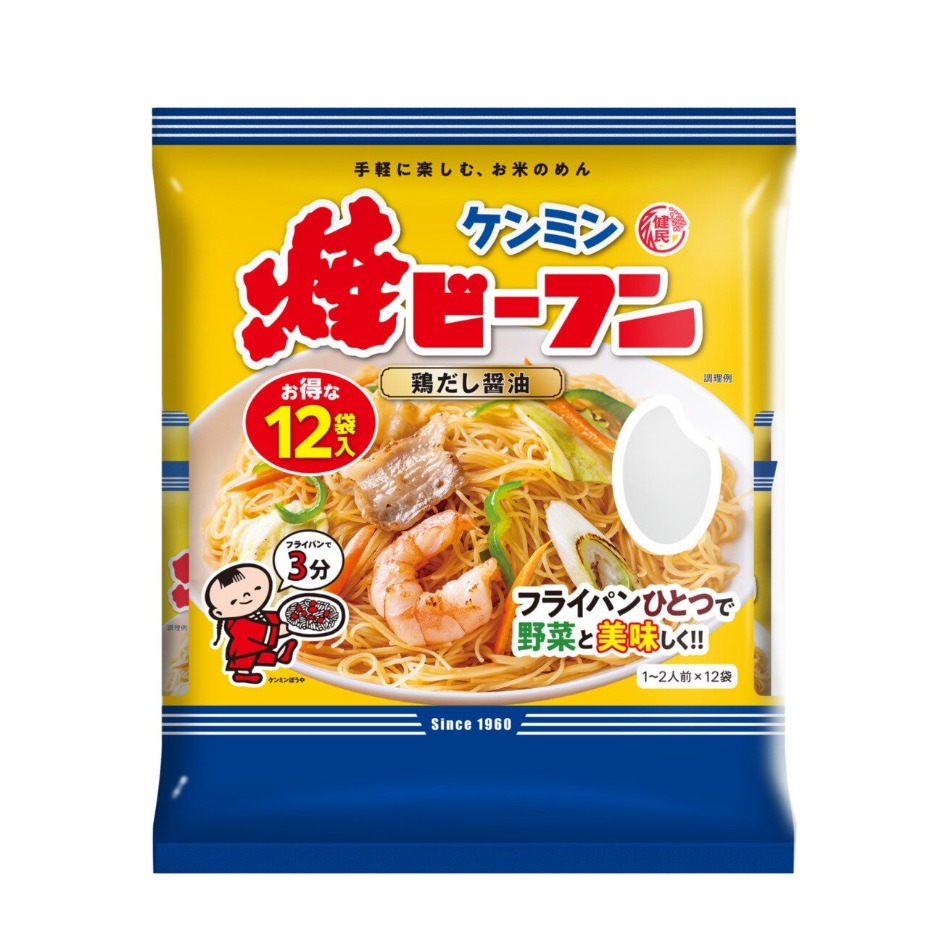 【商品の特徴】しょうゆベースの味が付いたお米のめん / フライパンひとつで3分蒸し焼きするだけで簡単に調理できる焼ビーフン / お米が主原料のめんなので、ごはん同様、様々な野菜と相性がよく、お家にある野菜を使って幅広くアレンジ可能 / 具材として使用する野菜のおいしさを引き立てる、お肉や香味野菜のだしを効かせた味付け / 大容量12袋入り（1袋＝1～2人前） / 電子レンジ調理も可能しょうゆベースの味がついたお米のめんです。 たっぷりの野菜と炒めるだけで手軽においしい焼ビーフンが召し上がりいただけます。 1960年の発売以来、多くのお客様にご愛顧いただいているロングセラーブランドです。