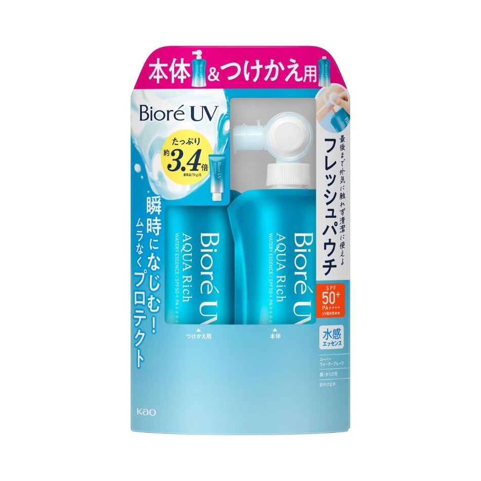 【商品の特徴】塗り直しても、重ねても感動的に軽い！水感ＵＶ / 最後まで外気にふれず清潔に使えるフレッシュパウチ / たっぷり使える本体120g＋付け替え用120g / ＳＰＦ５０＋／ＰＡ＋＋＋＋、ＵＶ耐水性★★、スーパーウォータープルーフ（８０分間の耐水試験で確認済み） / せっけんで落とせる / 着色料フリー、ホワイトミュゲの優しい香り高い紫外線防御効果と軽いつけ心地を両立したウォーターベースの日やけ止め。 花王独自のミクロディフェンス処方により、塗布後に水相が揮発することで生じていたミクロレベルの隙間の発生を防ぎます。 高い紫外線防御効果がありながら、水のように軽い使い心地を両立。塗り直しても重ねても、軽くてみずみずしい使用感はそのままに、一枚の皮膚のように薄く均一に塗布しやすいので、ミクロレベルの隙間まで塗りムラを防ぐことができ、毎日の快適な紫外線対策を可能に。 肌になじむ透明感のある水感エッセンスで、ピタッと密着して白浮きしない、透明感のある仕上がりです。化粧下地にも。ホワイトミュゲのやさしい香り。