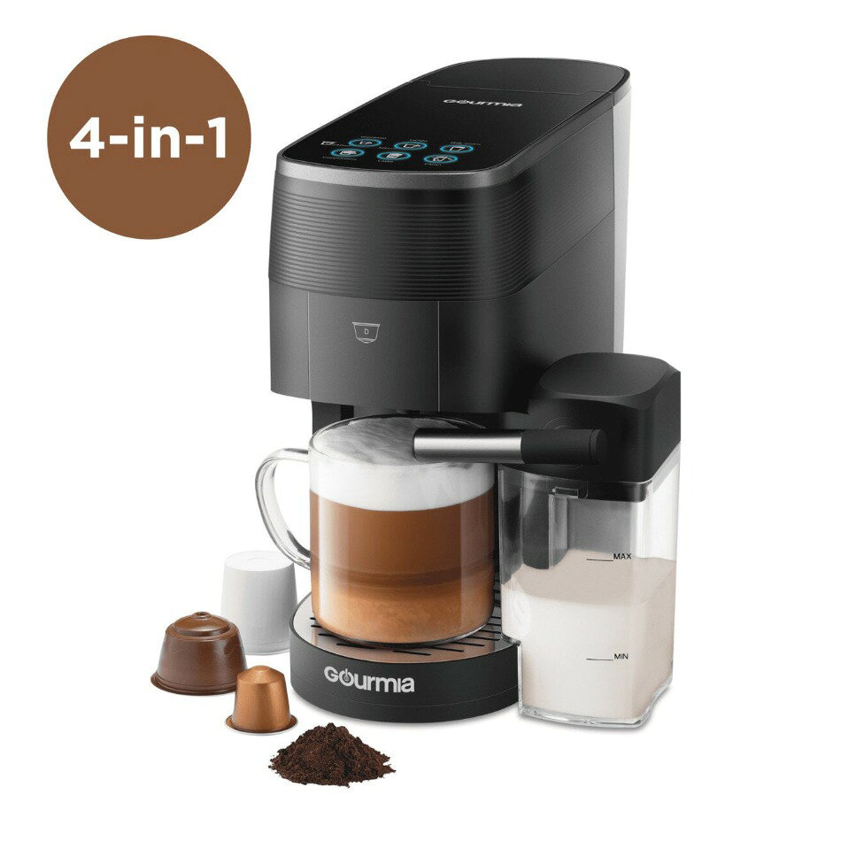 【商品の特徴】K Cup, Nespresso, Dolce Gustoのあらゆるカプセル式のコーヒーはもちろんパウダーコーヒーにも対応 / ミルクタンクが付属しているので、ラテやカプチーノもこれ１台 / 1.4Lの大容量タンクを採用。 / 自動洗浄機能があり、ミルクフォームチューブのお手入れも簡単4-in-1のコーヒーメーカー K Cup, Nespresso, Dolce Gusto、パウダーコーヒー用のアダプターが付属しています。セットしたアダプターを検出し、抽出量を自動的に調整します。エスプレッソ・ラテ・カプチーノ・ルンゴといったコーヒーを淹れる事ができます。アダプターはトレイを引き出すだけえ簡単に交換が可能です。ラテやカプチーノを選択した場合、自動でミルクや泡を注ぎます。 お手入れも簡単 ミルクフォーマーのチューブは自動洗浄機能が付属しておりお手入れも楽々。本体のお手入れもタンク内に水と洗浄液で簡単に洗浄が可能。