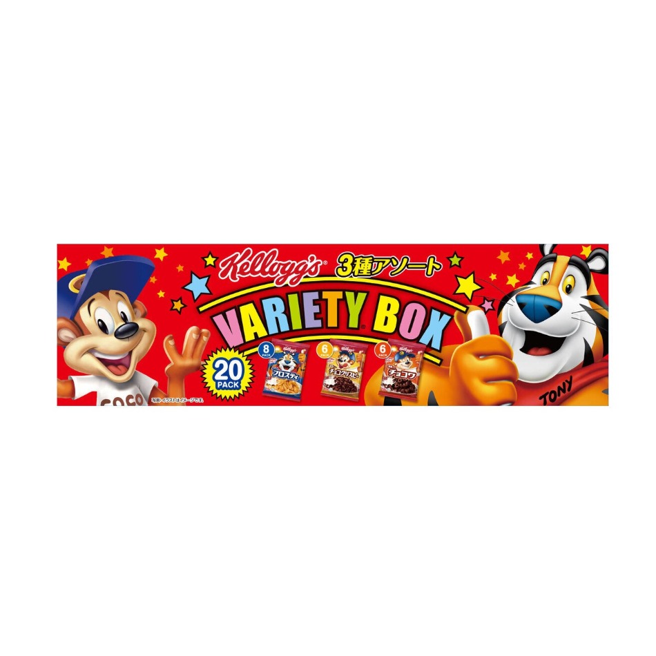 【商品の特徴】キッズシリアル3種類(コーンフロスティ、チョコクリスピー、チョコワ)のバラエティボックス / 1袋ずつ小分けの食べきりサイズ / 朝食だけでなくお子様のおやつにも / 子供の成長を応援する栄養バランス満点ケロッグ人気のキッズシリアル3種類(コーンフロスティ、チョコクリスピー、チョコワ)のバラエティボックスです。1袋ずつ小分けになっているので毎日違った種類を楽しむことができます。時間のない朝食やお子様のおやつにも最適です。子供の成長を応援する栄養バランス満点のシリアルで、学校給食摂取基準＊に準拠したビタミン・ミネラル（ビタミンA・B1・B2・C・カルシウム・鉄）が摂れます。栄養機能食品（鉄）。＊（1食30g＋牛乳200gとして）