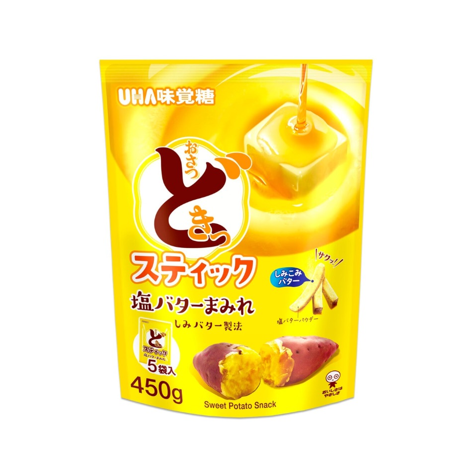 【商品の特徴】内容量：450g（90g×5袋） / 大袋に5袋商品が小分けで入っているため、分け合うことができます / さつまいもをスティック形状にカットし、サクッとした食感に真空フライしました。 / 濃厚でコクのあるおいしささつまいもをスティック形状にカットし、サクッとした食感に真空フライしました。 さつまいもにバターをしみ込ませることでこれまで以上に濃厚な塩バターの味わいをお楽しみいただけます！