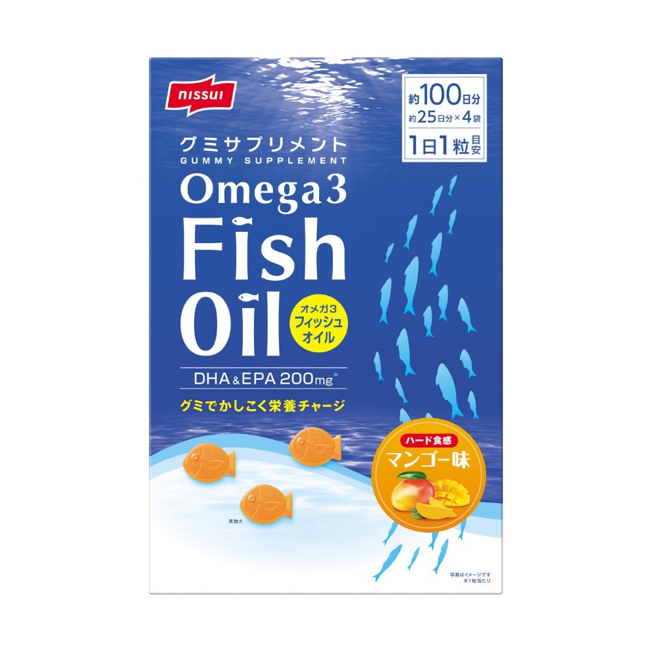 【商品の特徴】1日 目安量1粒でDHA＆EPA200mg / 約25日分x4袋 / グミでかしこく栄養チャージ / ハード食感、マンゴー味 / 213mm x 141mm x 85mmグミで手軽に栄養補給！ グミ1粒にDHA・EPA200mg、しっかり配合しています。 このDHA・EPA200mgを食事で摂取しようとするとマグロ赤身のお寿司約10貫分※に相当します。 EPA・DHAとは、主にイワシやマグロなどの魚の油に多く含まれる成分です。 体内でほとんどつくられないため、「必須脂肪酸」と呼ばれ、食品から摂ることが大切です。 お魚が苦手な方や栄養バランスが乱れがちな方におすすめです。 ※日本食品標準成分表2020年版「くろまぐろ（天然赤身生100gあたり）のDHA・EPA含有量」より算出。くろまぐろの重量は1貫あたり13gとして算出。