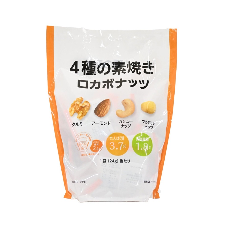 【商品の特徴】672g（基準28パック入り） / クルミ、アーモンド、カシューナッツ、マカダミアナッツをバランス良くミックスしました。 / 便利な個包装パック / おつまみや、おやつに / 美味しく、無理なくロカボ生活 / 1袋24g（1食分当たり）：糖質2.2g・タンパク質3.7g・食物繊維1.8g手軽にロカボ、美味しく続けよう。1日1袋、健康習慣をあなたの毎日に。クルミ、アーモンド、カシューナッツ、マカダミアナッツを理想的なバランスでミックスしたミックスナッツです。ロカボとは、「ロー（低い）+カーボハイドレート（炭水化物）」の略で、無理なく楽しく続けられるゆるやかな糖質制限のこと。ロカボナッツは、このロカボの考え方に基づいて作られています。持ち運び、保存に便利な個包装パックで食べきりサイズ。