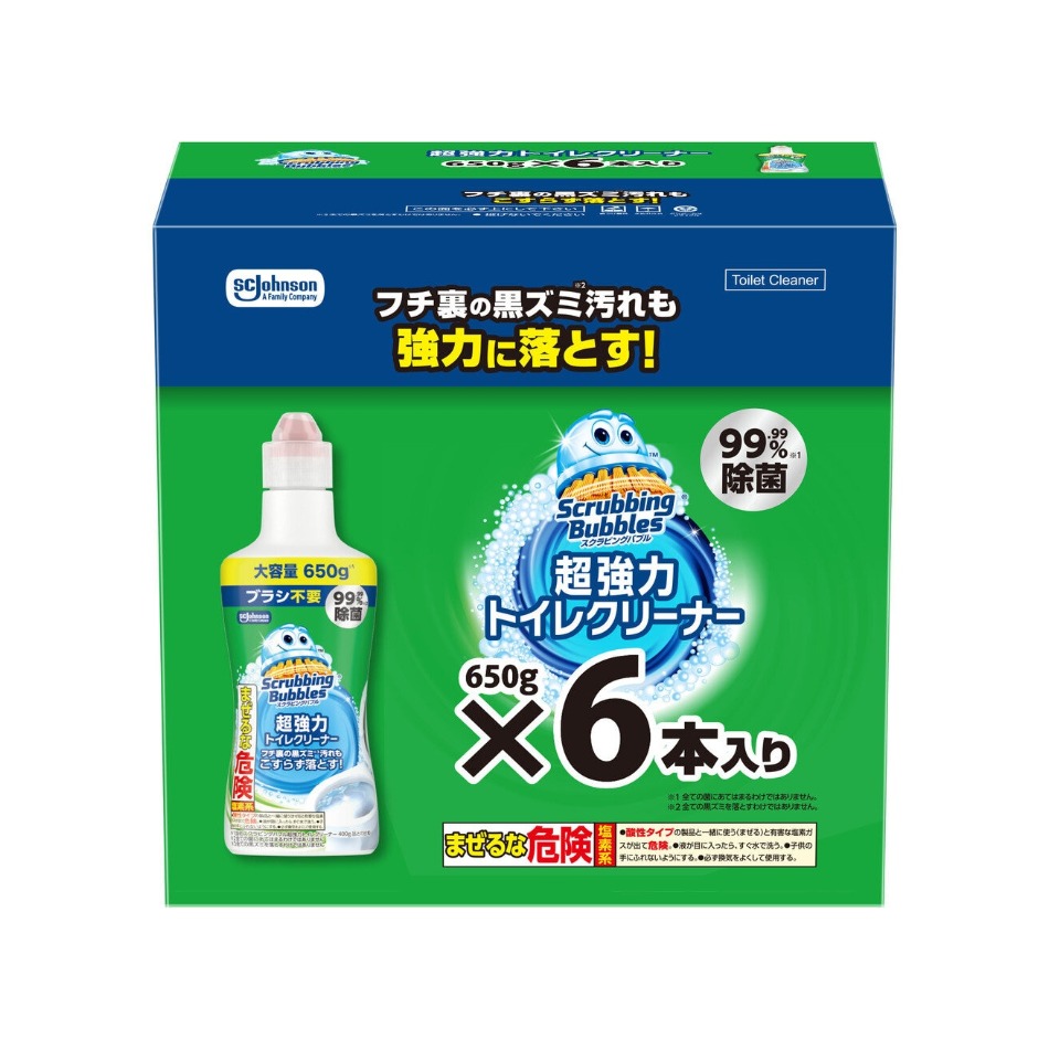 【商品の特徴】フチ裏のバイ菌・黒ズミ（カビ）をこすらず落とす！ / 99.99％除菌*　*全ての菌にあてはまるわけではありません。 / 650g x 6本使用方法 液を便器の内側・ふちの裏側にかけ、2～3分放置後にこすらずに水で流します。 【注意】ステンレス以外の金属製品（アルミ、銅、ホーロー、真ちゅう等）にかかると変色することがあるので注意する。 成分 水酸化ナトリウム（2%）、次亜塩素酸塩、界面活性剤（アルキルアミンオキシド）