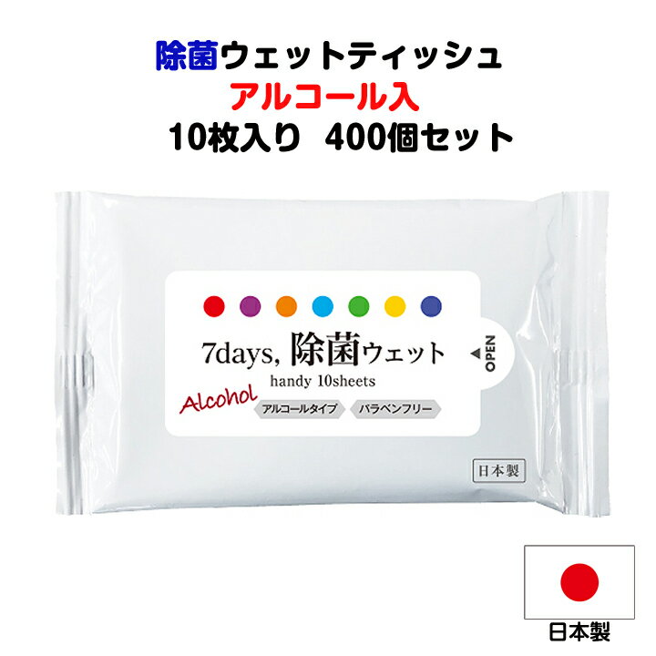 アルコールウェットティッシュまとめ買い 日本製 * 7days 除菌ハンディWET アルコール入 10枚入り 400個セット(2c/s) * 除菌効果 手の除菌 お手拭き 除菌ティッシュ 携帯ウェットティッシュ オリジナルウェットティッシュ 名入れ可能