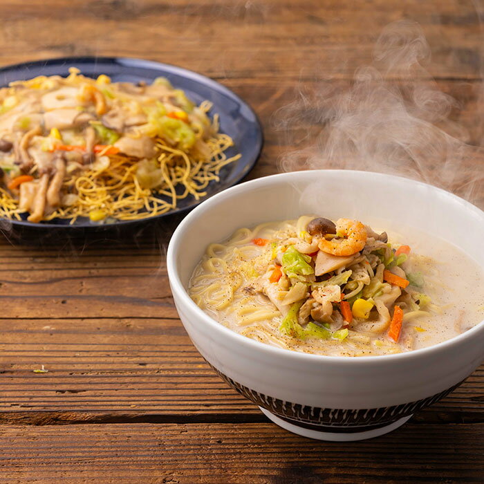 ちゃんぽんの麺は国内産の小麦粉で仕上げた、特殊製法により湯のびしにくい無かんすいの乾麺を使用しております。スープは長崎に古来伝わる独特の旨みスープを再現し、具材には肉や野菜だけではなく、九州産の4種類のきのこ（エリンギ、しめじ、舞茸、えのき...