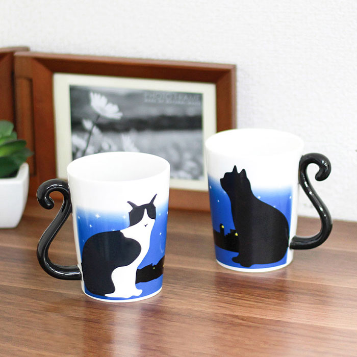 ツインマグ 色変わり（夜明け）マグカップ ペア ツインカップ 食器 猫柄 ネコ デザイン 黒猫 白黒猫