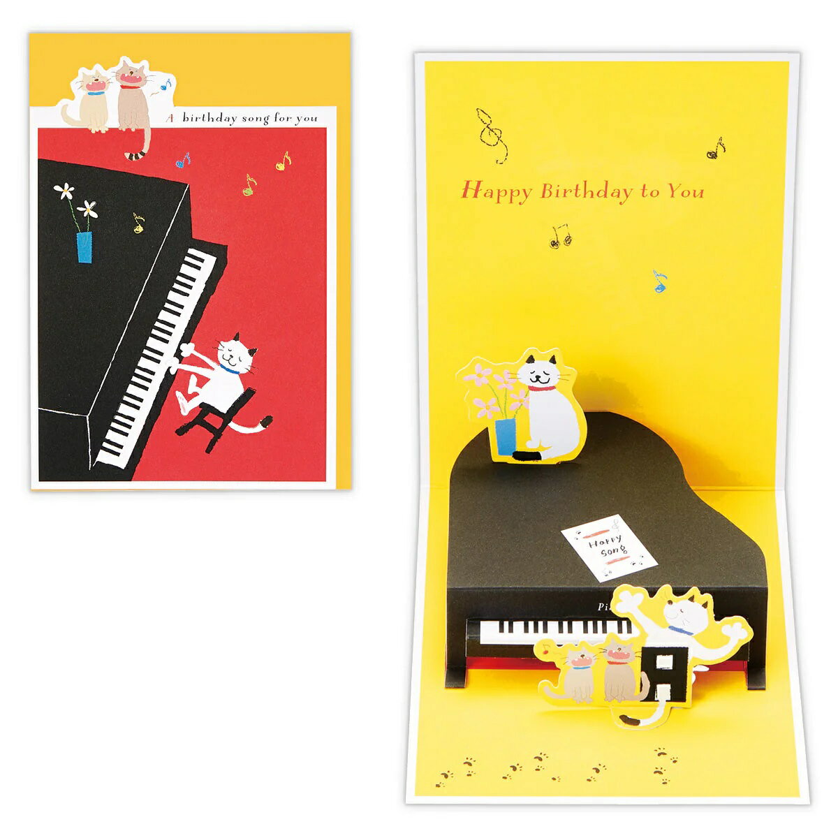 EAR-836-801　ピアノネコII【誕生お祝い／立体カード】　ホールマーク　音手箱